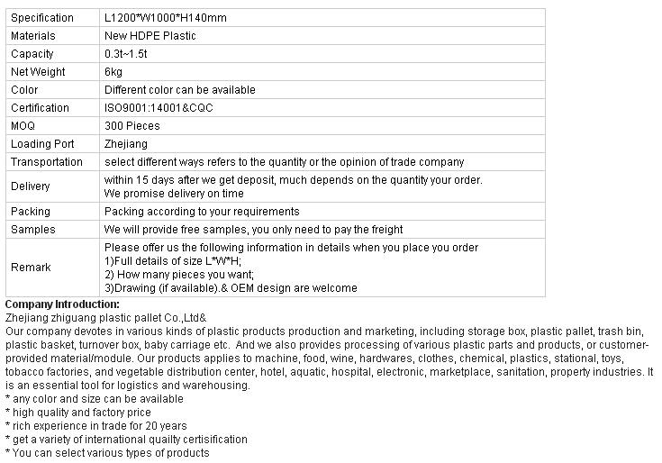 EU Standards 12001000140mm HDPE Plastic Pallet Nine Feet 4Way Sigle Side Plastic Tray YX1210A