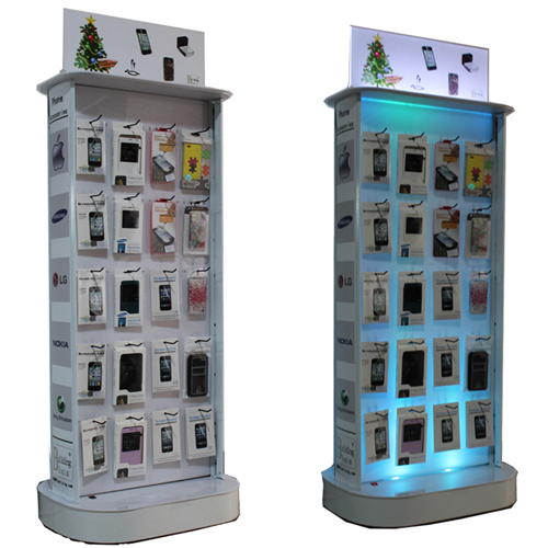 Durable 2Sided Rotary Acrylic LED Display Rack Wooden Display Stand with Hooks for iPhone Accessories