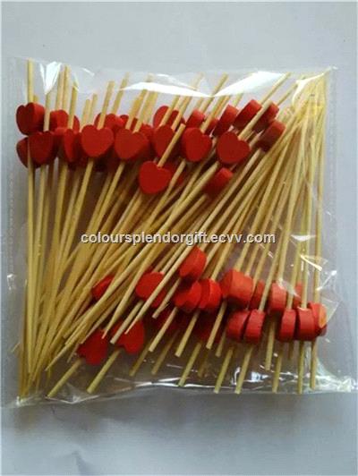 12cm Red Heart Bamboo Cocktail Picks Wood Beads Skewers Fruit Toothpicks Sticks Party Bar Supplies Love Wedding