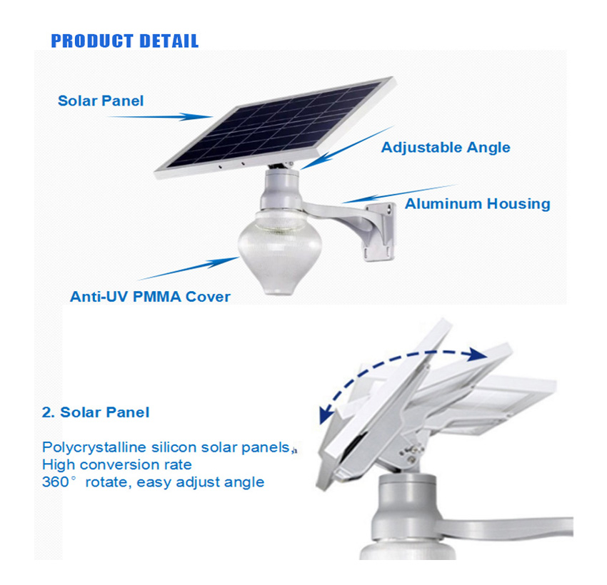 6w integrated antique solar powered garden street lamps with lithium battery