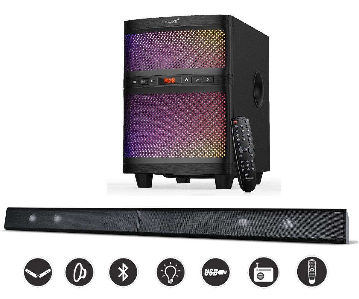 LuguLake 70watt 21 channel TV Sound bar System transferring into Computer Speaker w LED Cool Light Bluetooth function