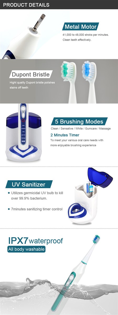 Rechargeable Sonic Electric Toothbrush with UV Sanitizer