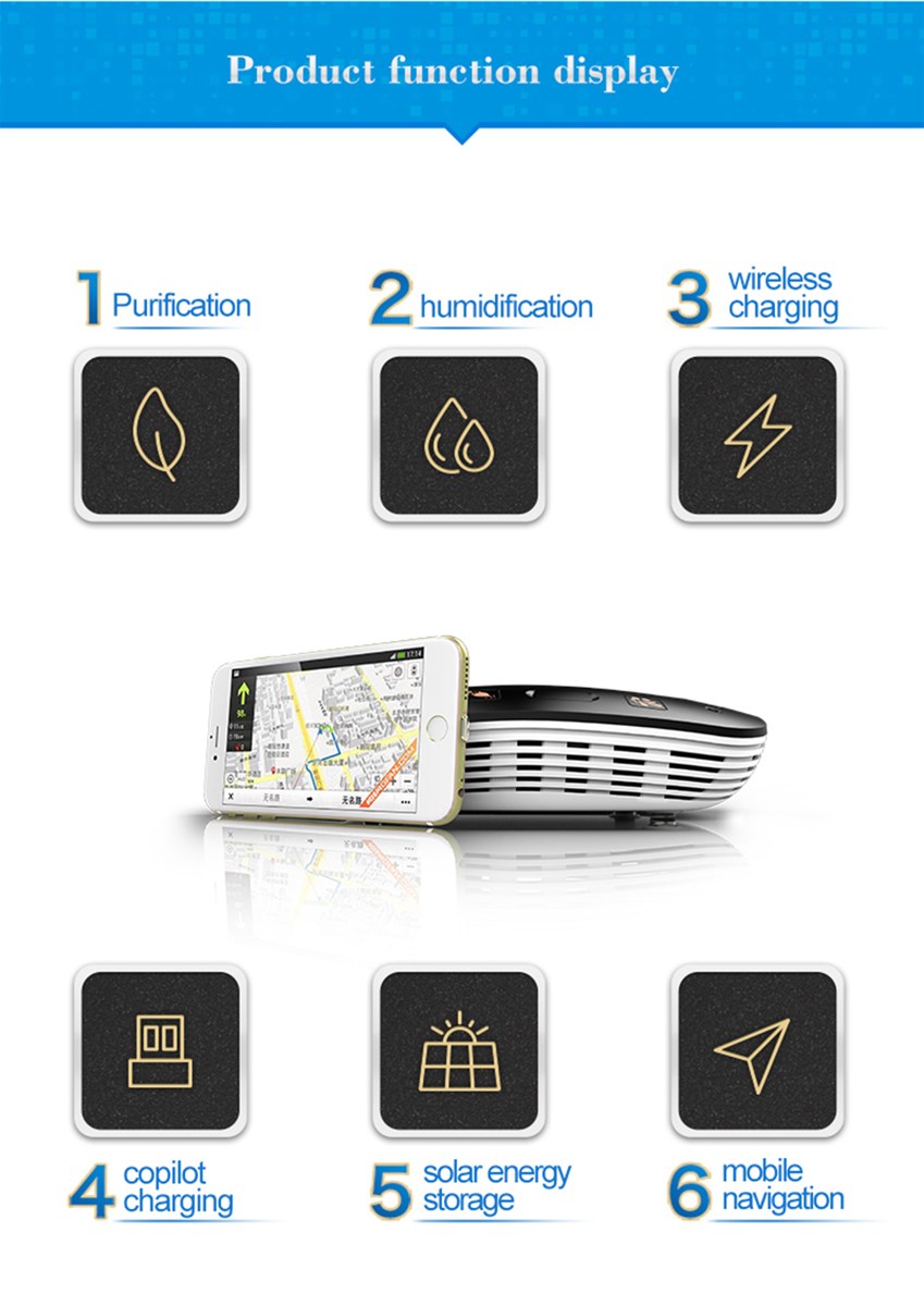 2018 Hot sale Multifunction solar car air purifier with wireless car charger function