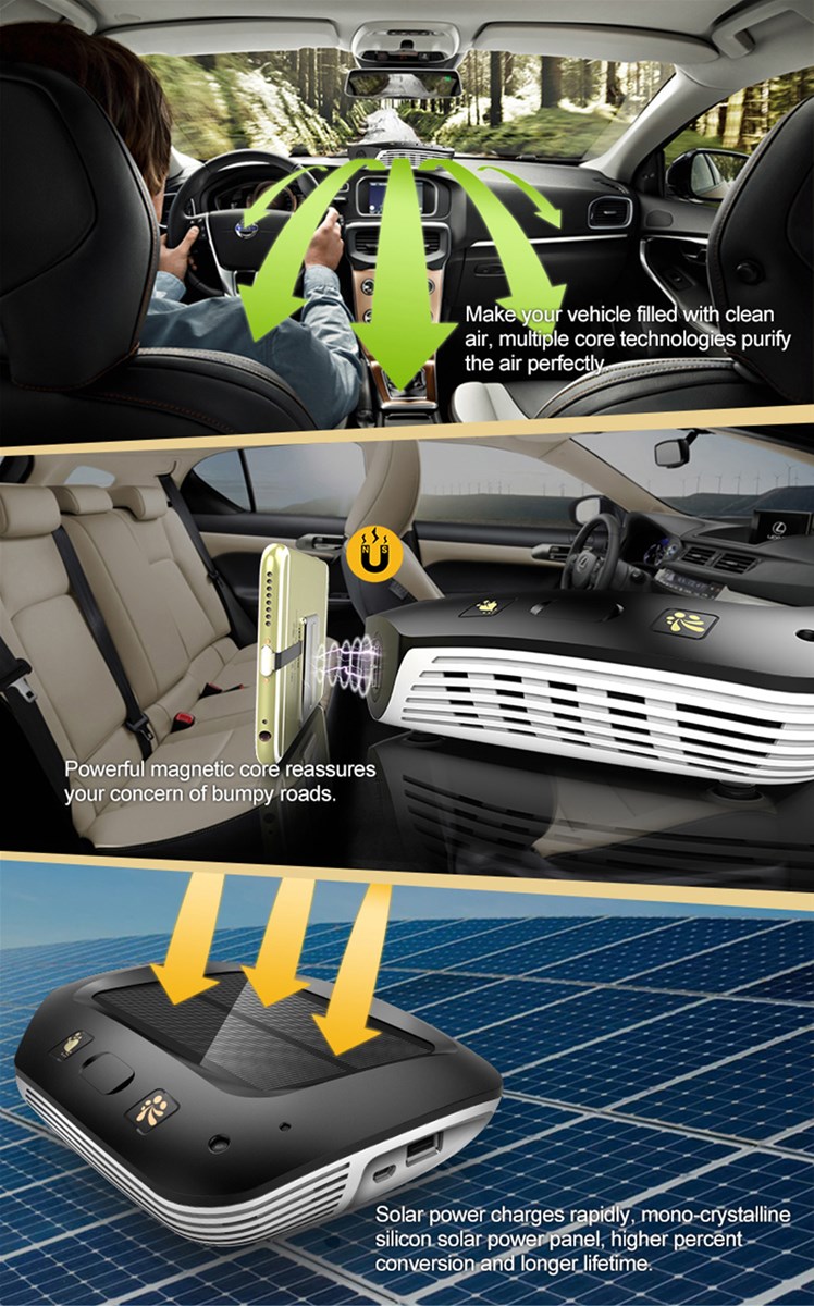 2018 Hot sale Multifunction solar car air purifier with wireless car charger function