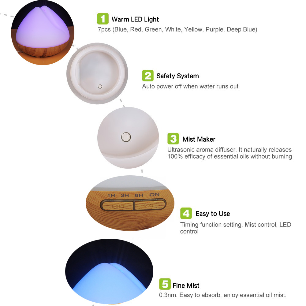 Electric Room Wood Grain Mist Humidifier Essential Oils Aroma Diffuser with Led Lights