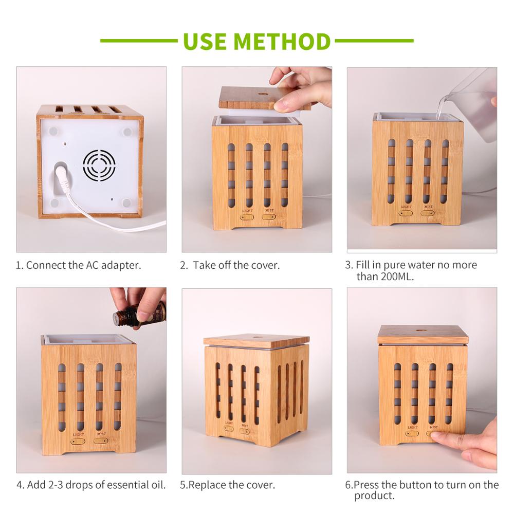 Natural Bamboo Essential Oil Diffuser Ultrasonic Aromatherapy Auto Shut Off 200ml