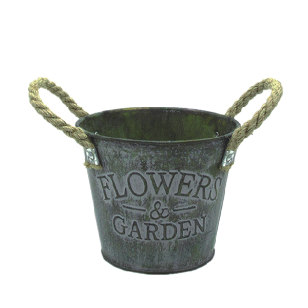 Antiqued White Metal Flower Pot with Rope Handle