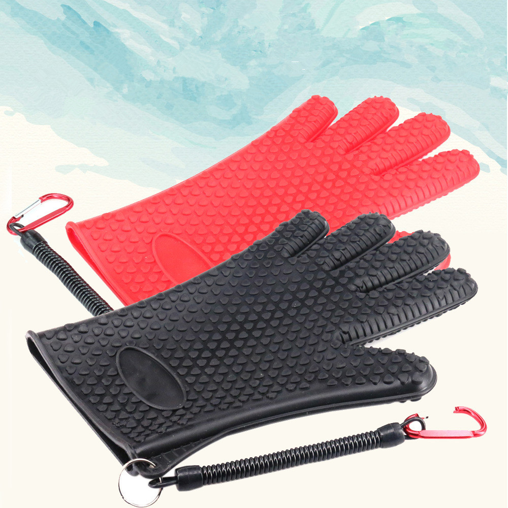 DEUKIO Red AntiSlip Fishing Gloves Rubber Fish Catching Glove Hand Protection Fishing Gear Tackle Unisex Full Finger