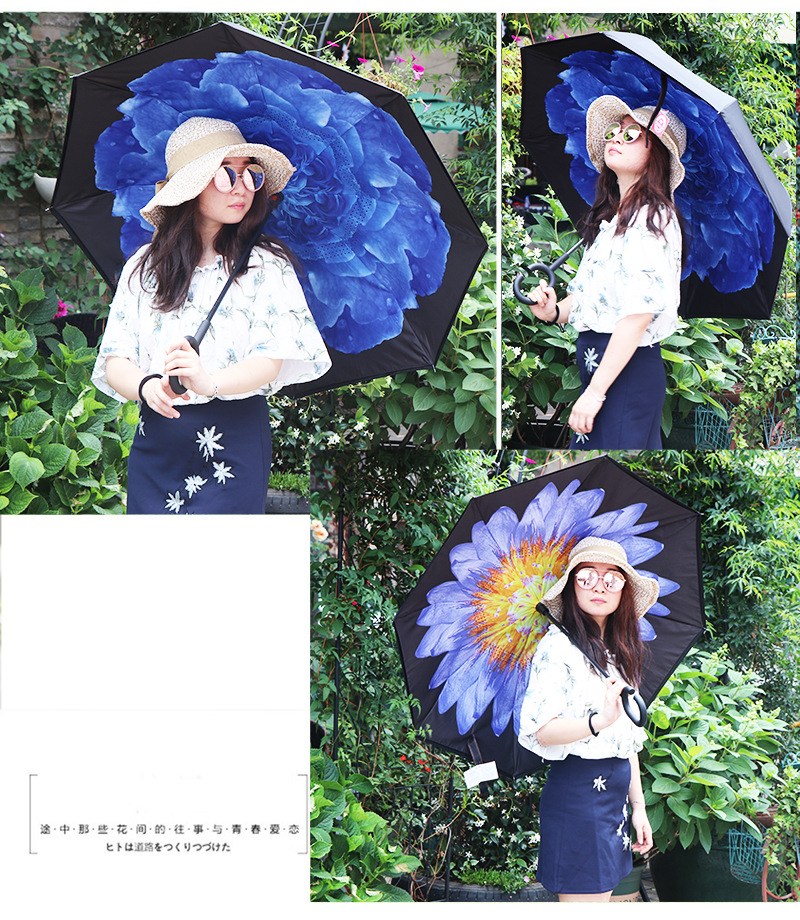 RST Real Star hot sale windproof C handle inverted double layer reverse umbrella with 100 designs