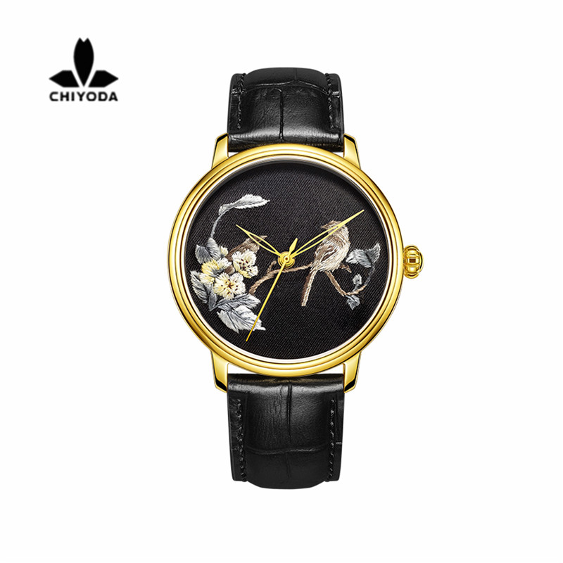 Womens Stylish Embroidery Watch with Golden Case Personalized Floral Embroidered Watch