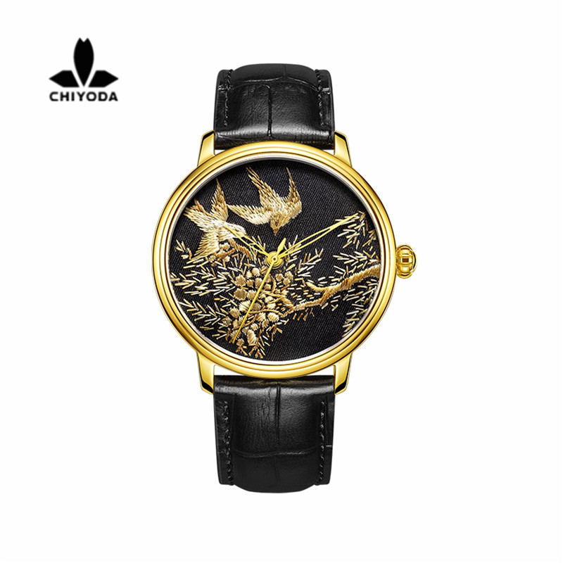 Mens Stylish Embroidery Watch with Golden Case Personalized Floral Embroidered Watch