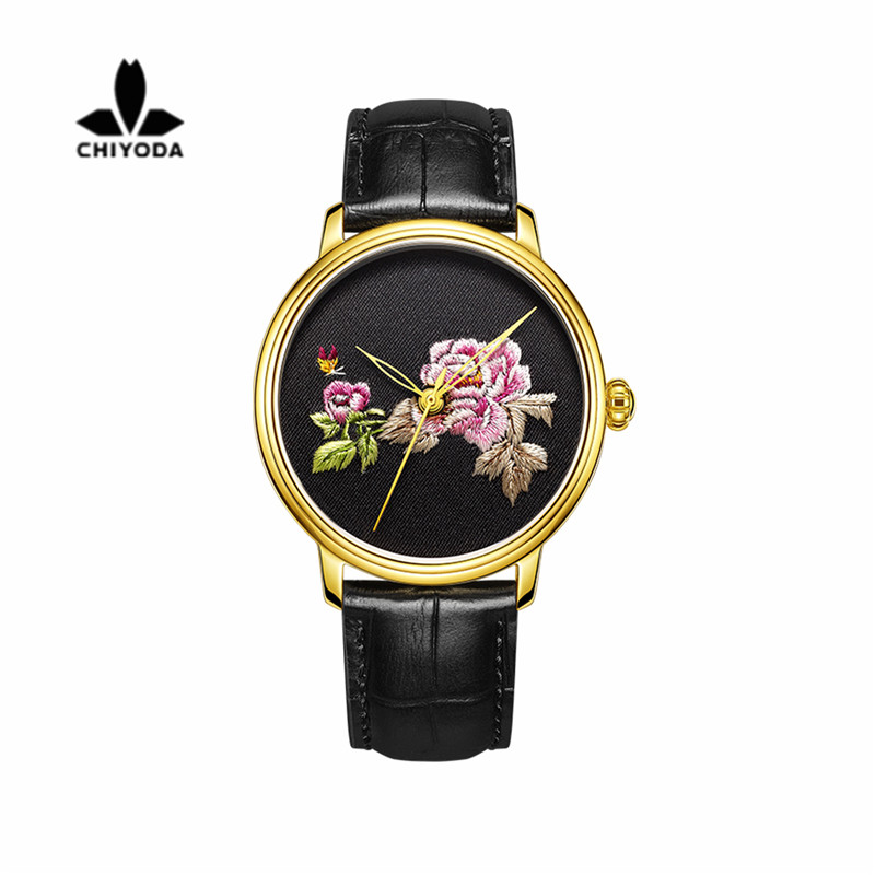 Mens Stylish Embroidery Watch with Golden Case Personalized Floral Embroidered Watch