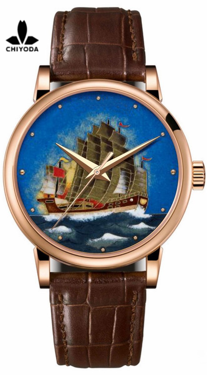 CHIYODA Mens Luxury Gold Watch Enamel Painting Automatic Watch with Swiss Movement Leather Strap Enamel 04