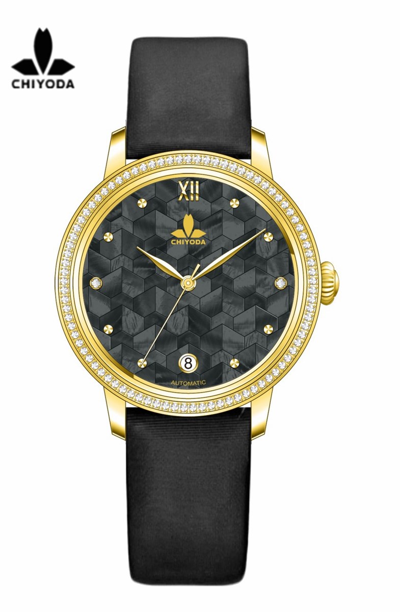 CHIYODA Unisex Luxury Gold Automatic Watch with MotherofPearl Shell Dial Swiss Movement Leather Strap Shell 13