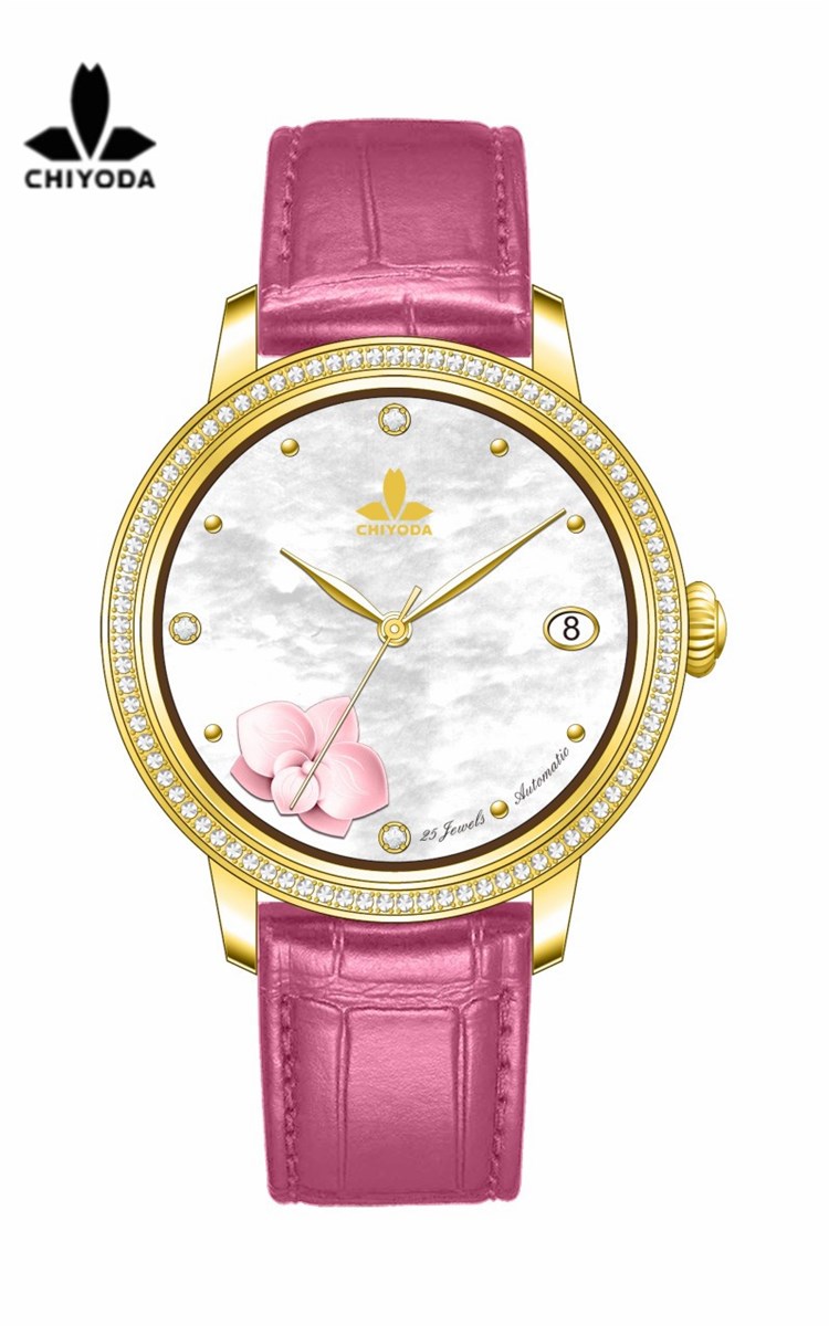 CHIYODA Unisex Luxury Gold Automatic Watch with MotherofPearl Shell Dial Swiss Movement Leather Strap Shell 11
