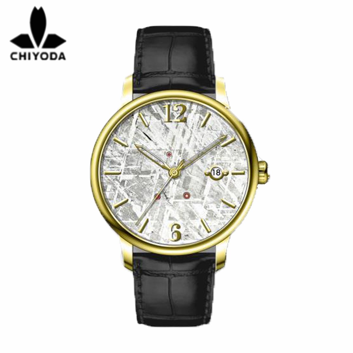 CHIYODA Mens Luxury Gold Automatic Watch with Classical Meteorite Dial Swiss Movement Leather Strap Meteorite 02