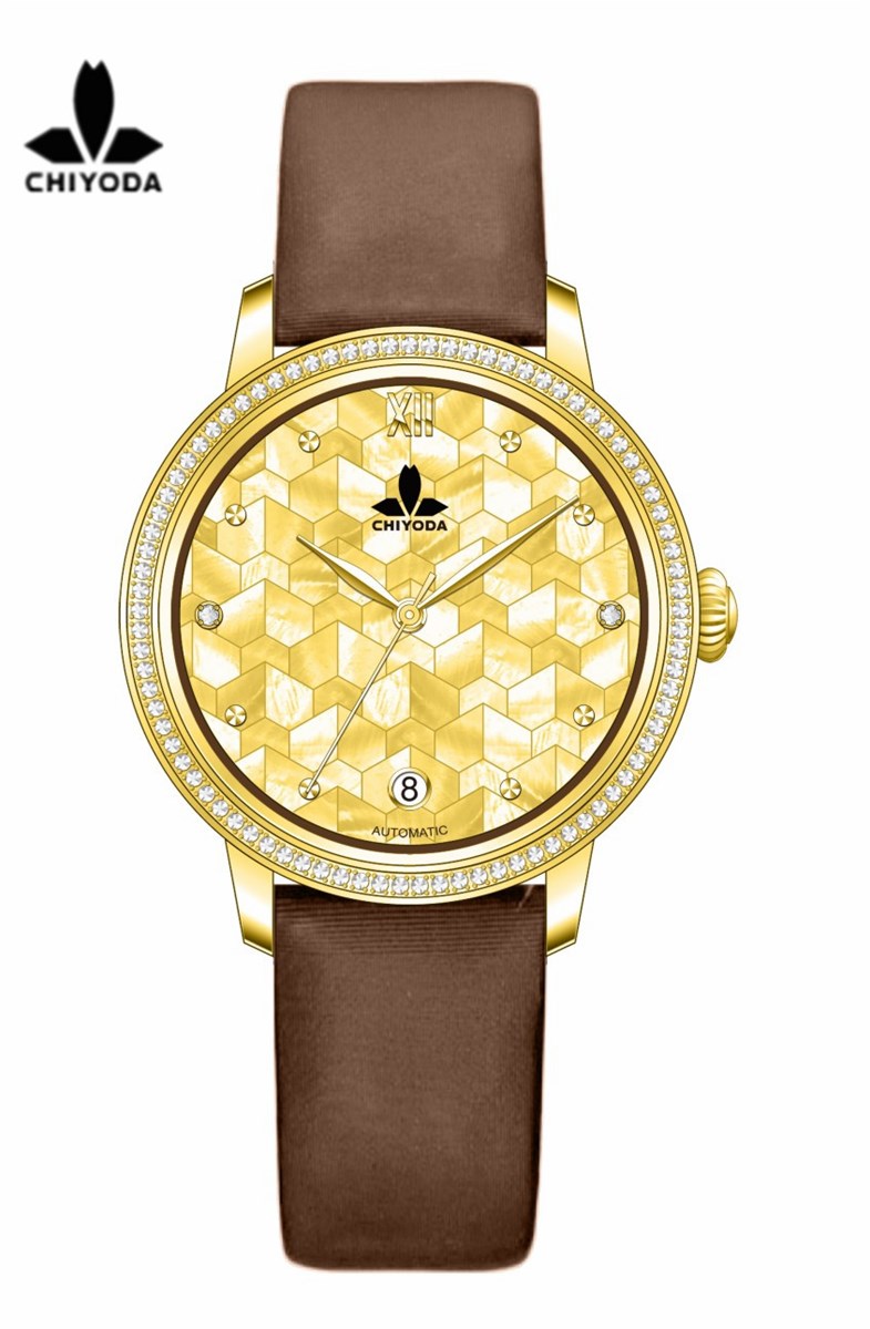 CHIYODA Unisex Luxury Gold Automatic Watch with MotherofPearl Shell Dial Swiss Movement Leather Strap Shell 14