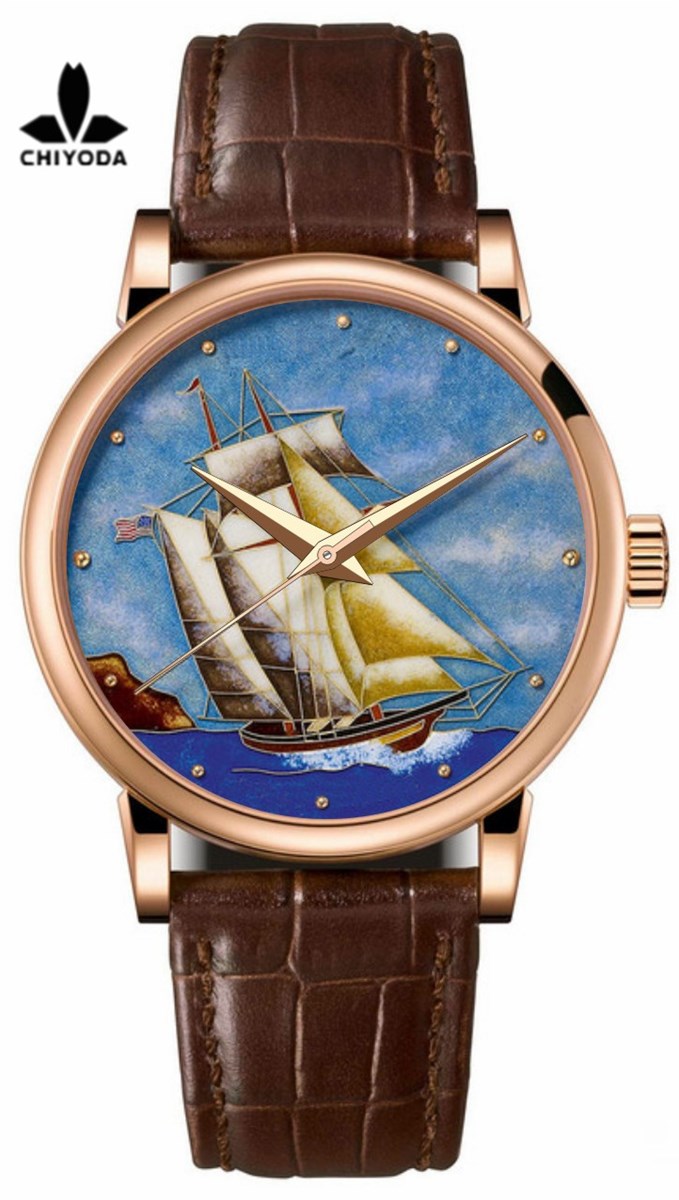 CHIYODA Mens Luxury Gold Watch Enamel Painting Automatic Watch with Swiss Movement Leather Strap Enamel 01