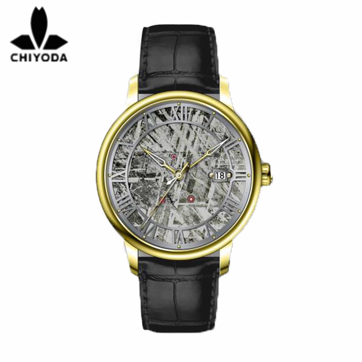 CHIYODA Mens Luxury Gold Automatic Watch with Classical Meteorite Dial Swiss Movement Leather Strap Meteorite 01