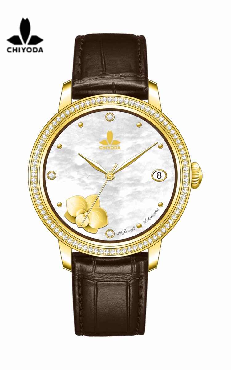 CHIYODA Unisex Luxury Gold Automatic Watch with MotherofPearl Shell Dial Swiss Movement Leather Strap Shell 12