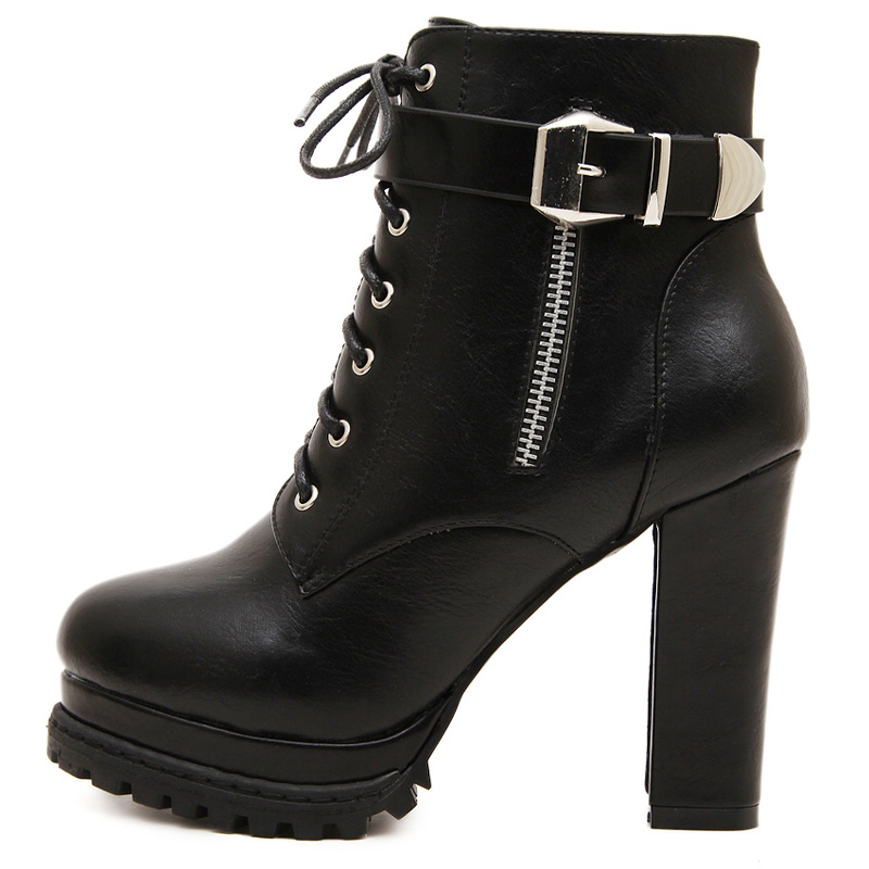 Womens Ankle Boots Glam Black Platform Lacing Buckle Zipper Shoes