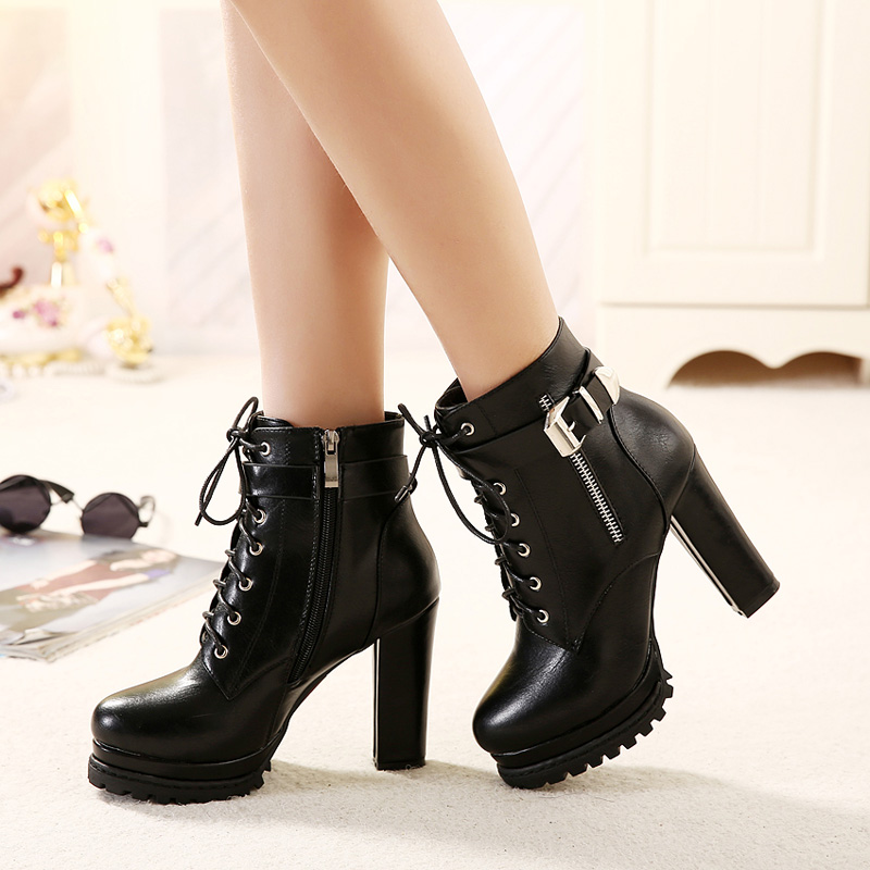 Womens Ankle Boots Glam Black Platform Lacing Buckle Zipper Shoes