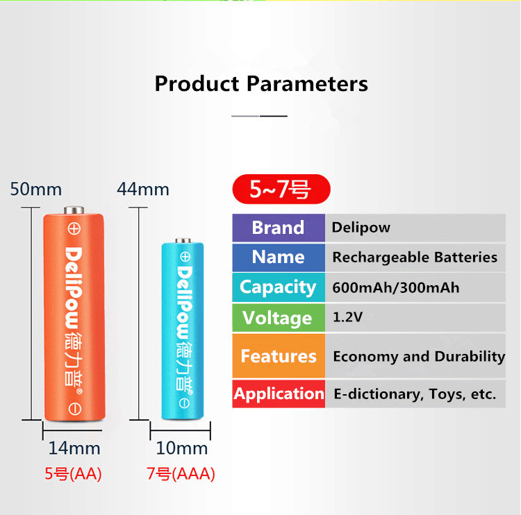 Delipow AA Rechargeable Battery for Toy Mouse Keyboard Microphone Rainbow Colorful 8Pcs Rechargeable Batteries