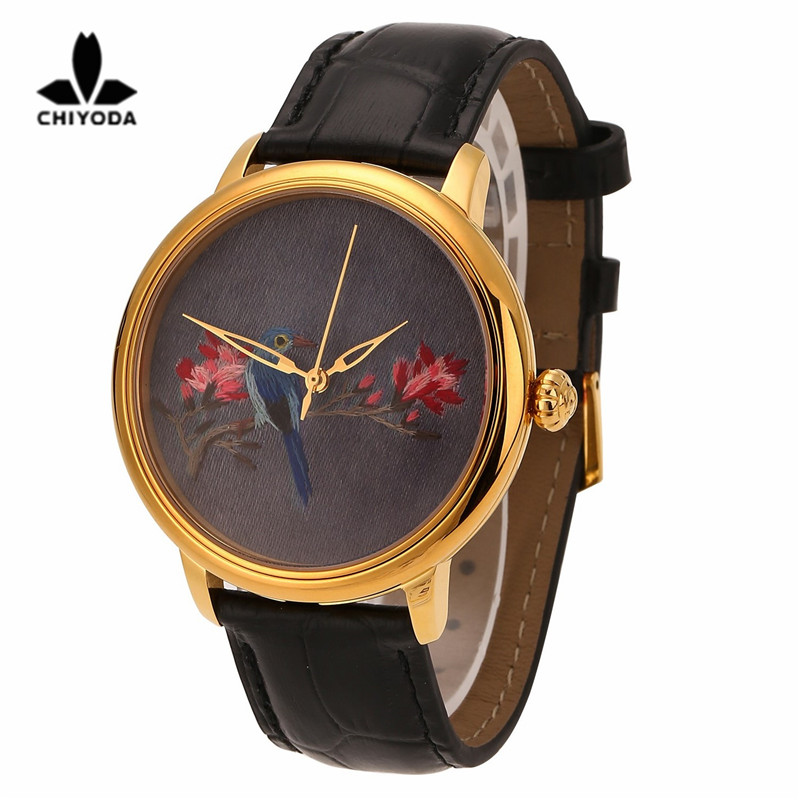 CHIYODA Mens Stylish Embroidery Watch with Gold Case Embroidery 06