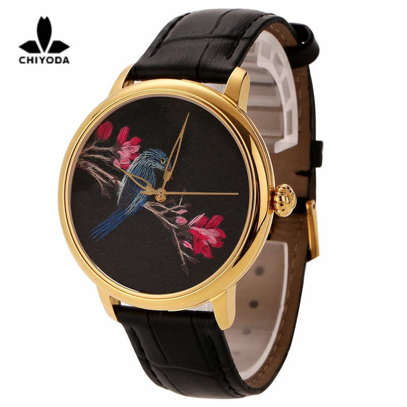 CHIYODA Womens Stylish Embroidery Watch with Gold Case Embroidery 05