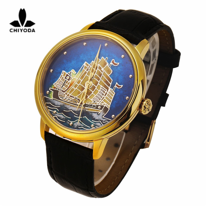 CHIYODA Womens Luxury Gold Watch Enamel Painting Automatic Watch with Swiss Movement Leather Strap Enamel 13