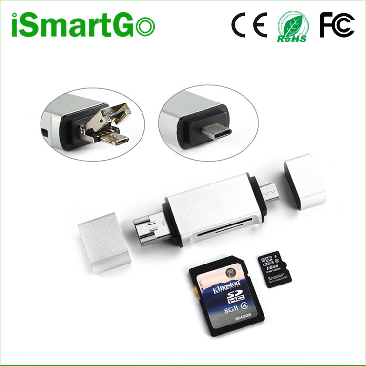 3 in 1 USB MicroUSB Type C Card Reader for SDTF Cards