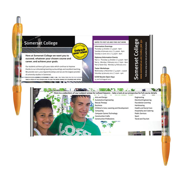 Banner Pen With Pullout Banner Wrapped Around An Interior Roller Full color logo printing on both sides of banner