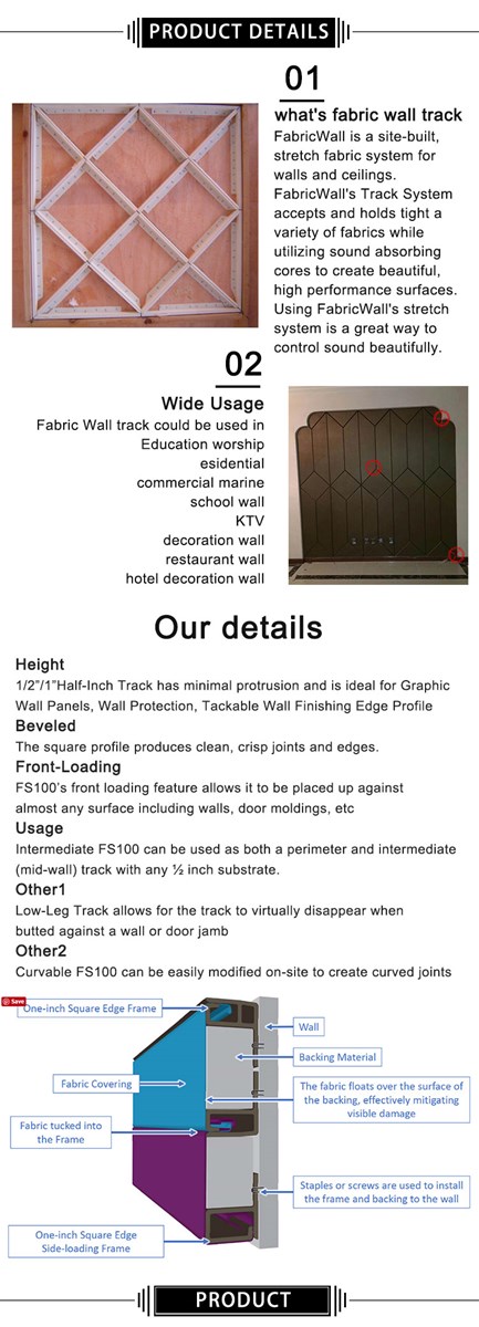 Soundproof system audio middle bevel edge acoustic stretch plastic extrusion ABSPVC fabric wall track