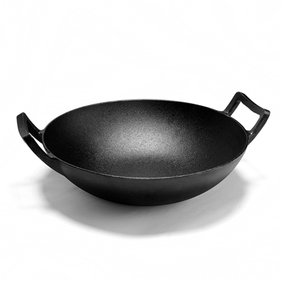 China Manufacturer Supply Big Nonstick Preseasoned Cast Iron Flat Bottom Round Double Handle Wok with Wooden Lid