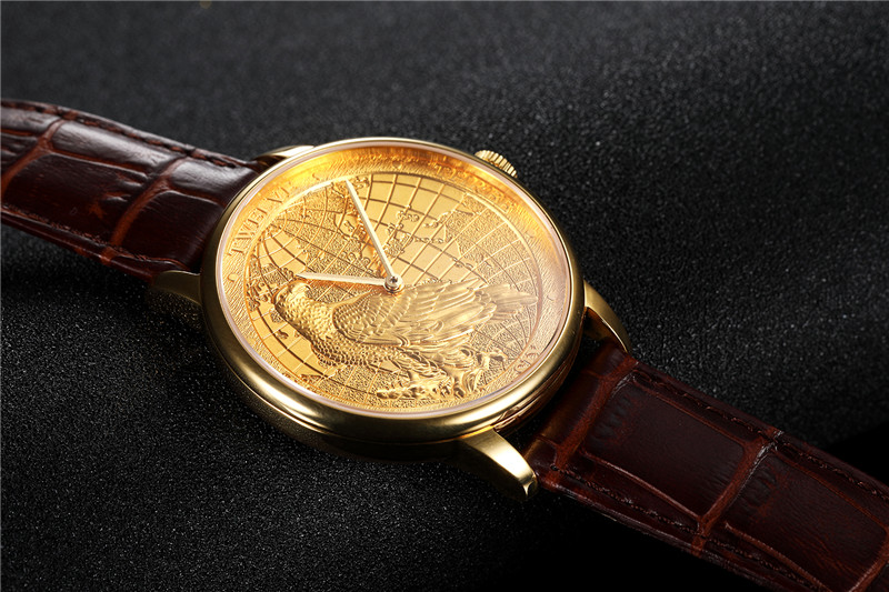 CHIYODA Luxury Golden Plated Wrist Watch with Carving Process of Map Eagle Pattern Quartz Movement