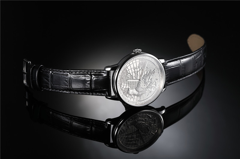 CHIYODA Luxury Platinum Watch with Carving of Map Eagle Pattern Swiss Quartz Movement Real Cowhide StrapUnisex