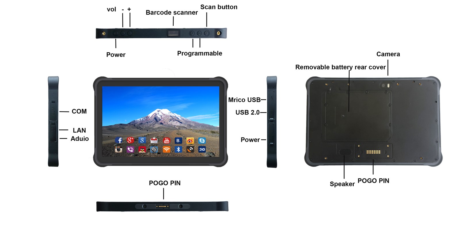 10 inch waterproof Rugged tablet Hot plug dual battery lock type battery cover