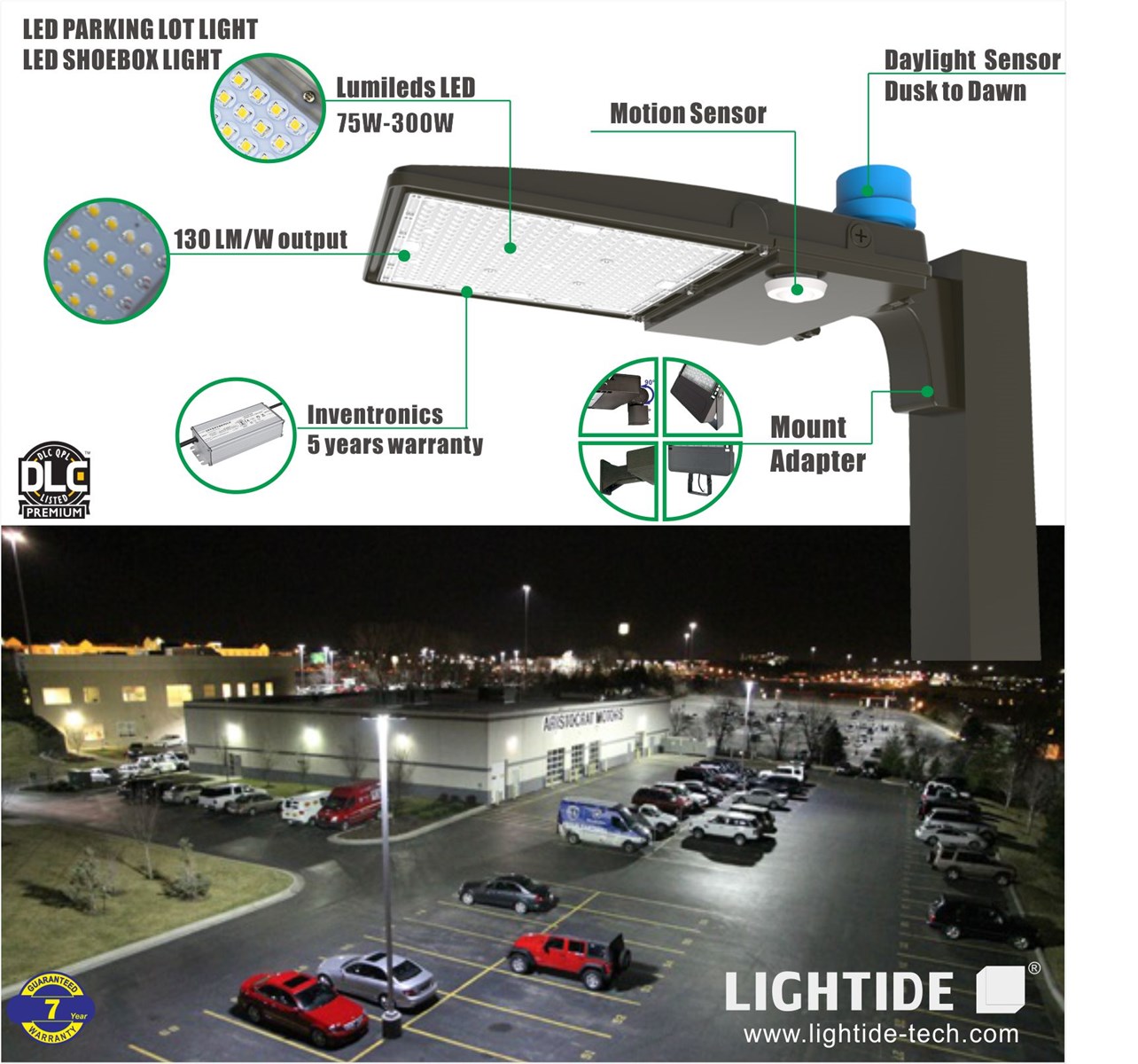 DLC Qualified Dusk to Dawn LED Parking Lot Light Fixtures 150W Lumileds with 5 yrs warranty