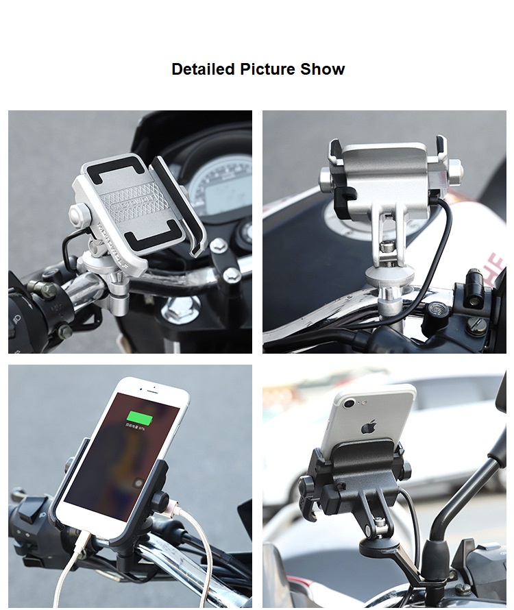 Metal Bike Motorcycle Phone Mount Handlebar Holder with USB Port 360 Rotating Smartphone Holder for iPhone 5XS