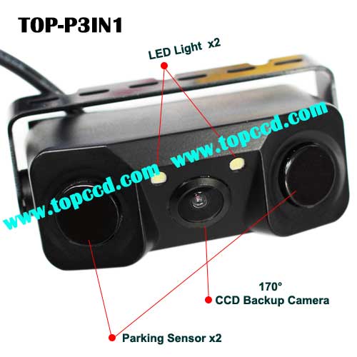 3 in 1 Car Reverse Camera parking sensor systems with 2 LED light from Topccd TOPP3IN1