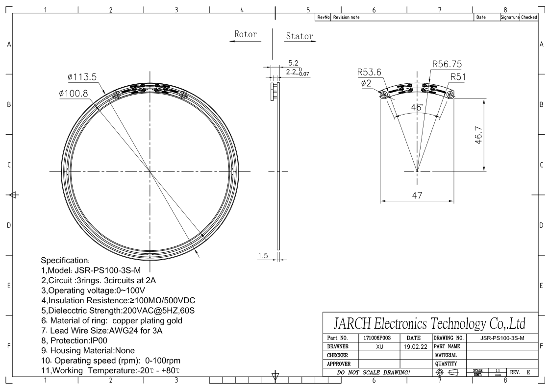 Drawing for ref IP00ID 100mmOD 113mm PCB slip ring