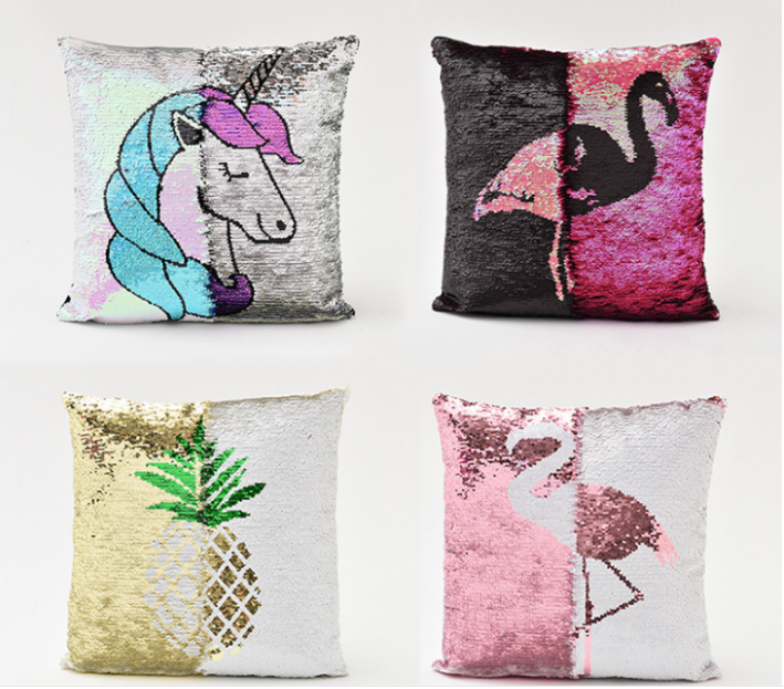 Wholesale custom paillette pillow unicorn printing soft reversible sequin pillow