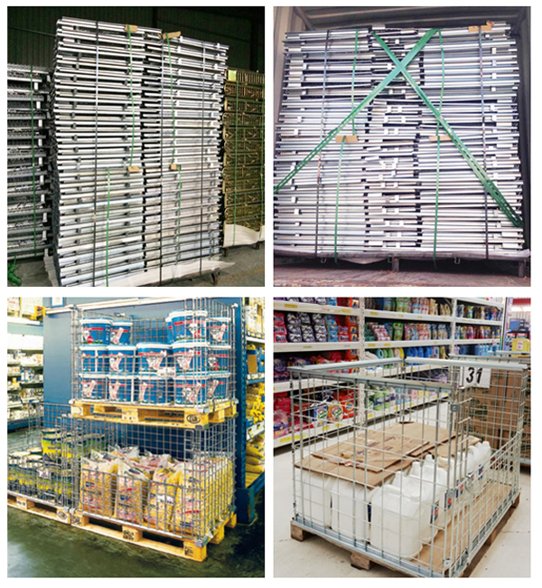 Euro warehouse bulk collapsible rigid steel metal folding stackable wire mesh storage pallet cages with wooden pallet