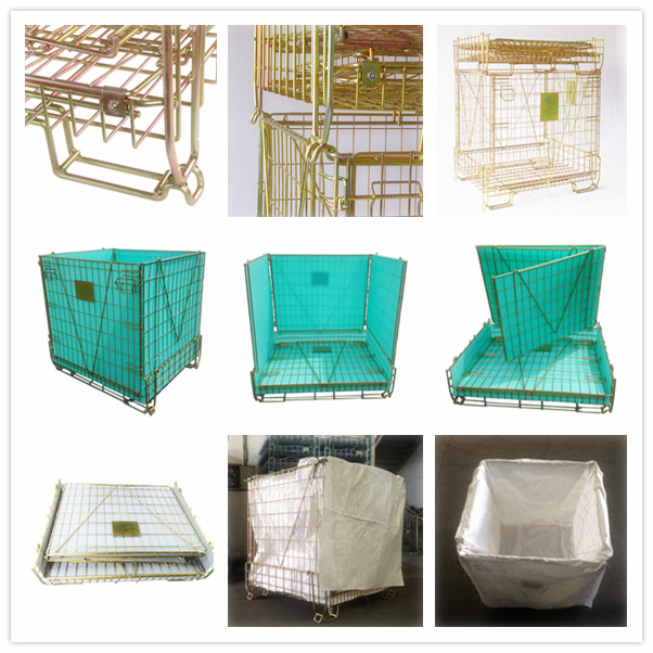 Returnable foldable and stackable metal zinc plate pet preforms wire mesh steel storage cargo pallet cages with pp sheet