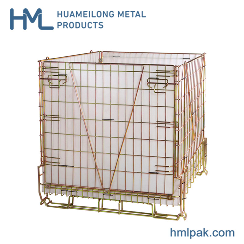 Returnable foldable and stackable metal zinc plate pet preforms wire mesh steel storage cargo pallet cages with pp sheet
