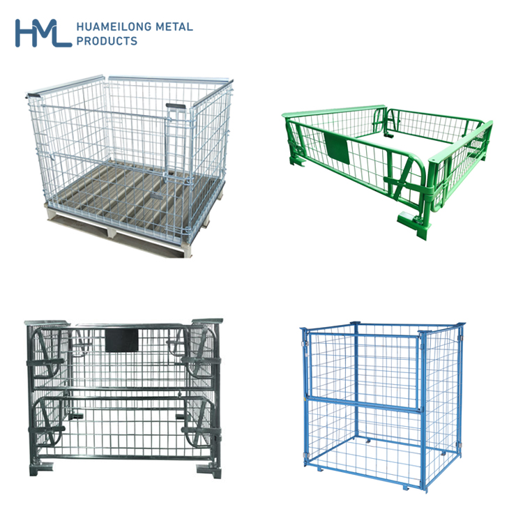 Euro warehouse bulk collapsible rigid steel metal folding stackable wire mesh storage pallet cages with wooden pallet