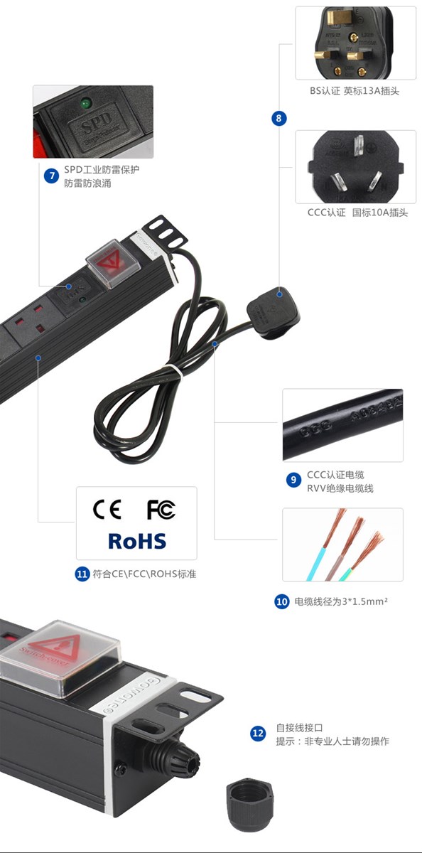 British standard 1 u HK PDU cabinets outlet power strip wiring board band switch 13 a lug plate industry