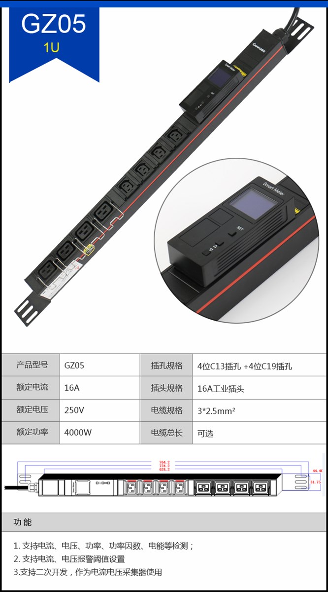 Industrial strip LED display current voltage power 16 a industrial connectors C13 C19 combination