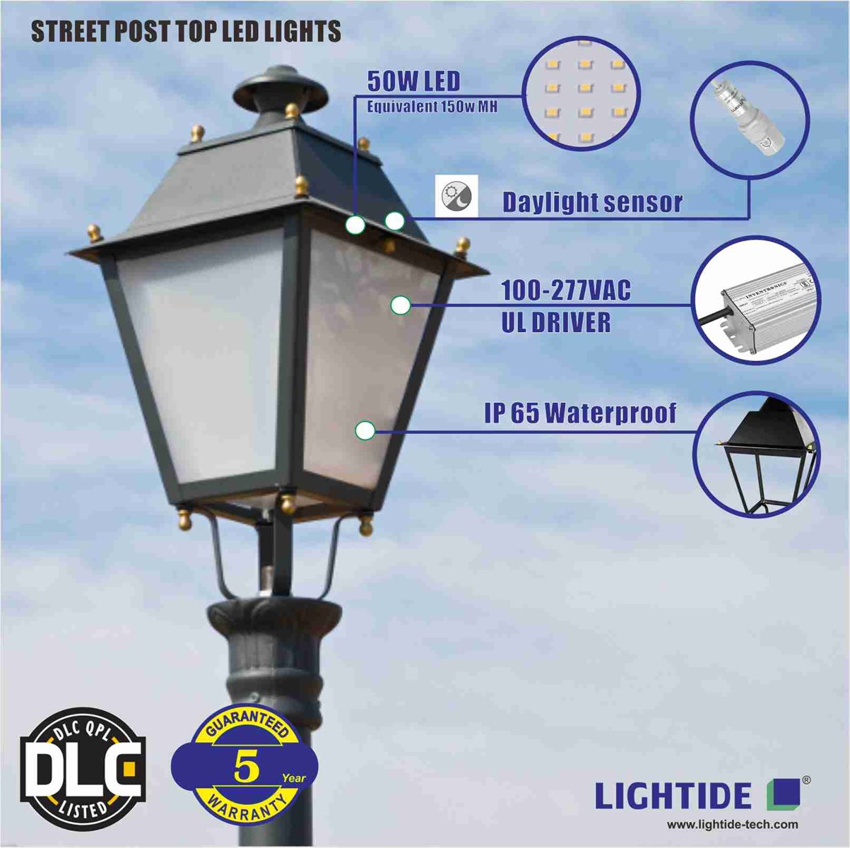 DLC Qualified Street Lighting LED Post Top Light FixturesPTB50