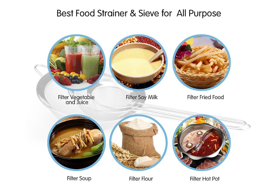 Food Strainer Set Fine Wire Mesh Kitchen Sieve Rim Premium Stainless Steel for Pasta Rice Sifting Flour Sugar Tea Icing